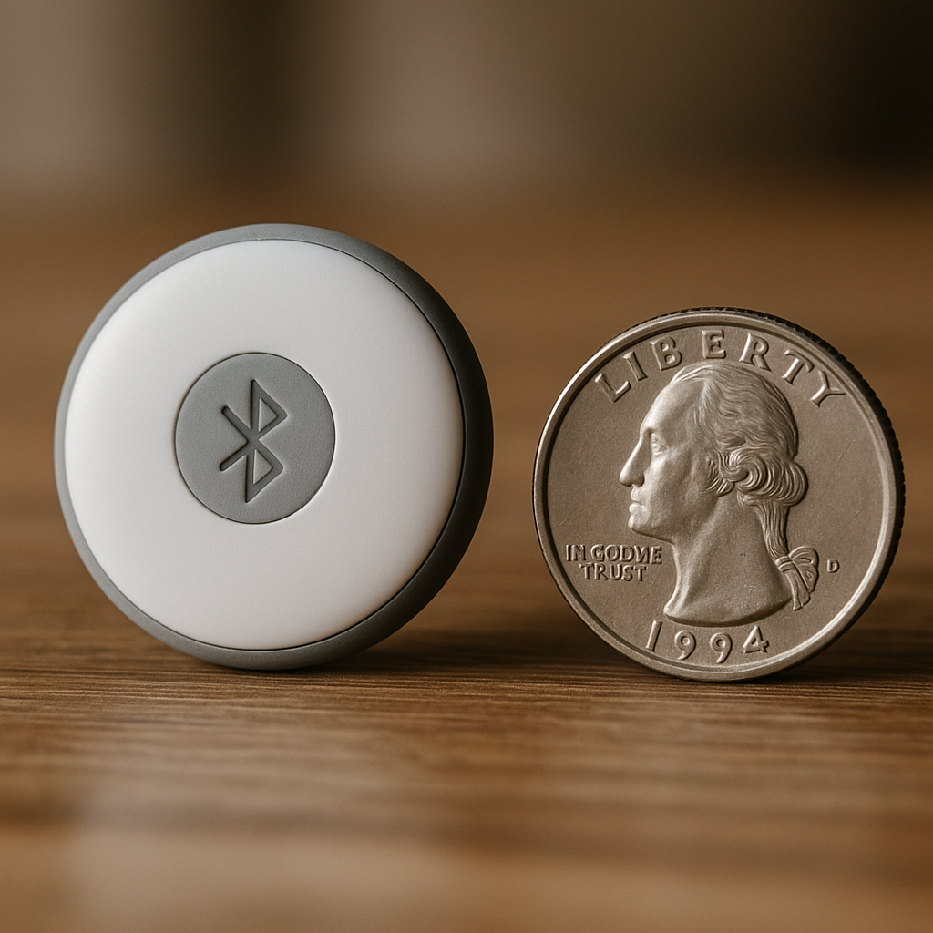 A close-up of a small Bluetooth tracker, next to a coin for scale