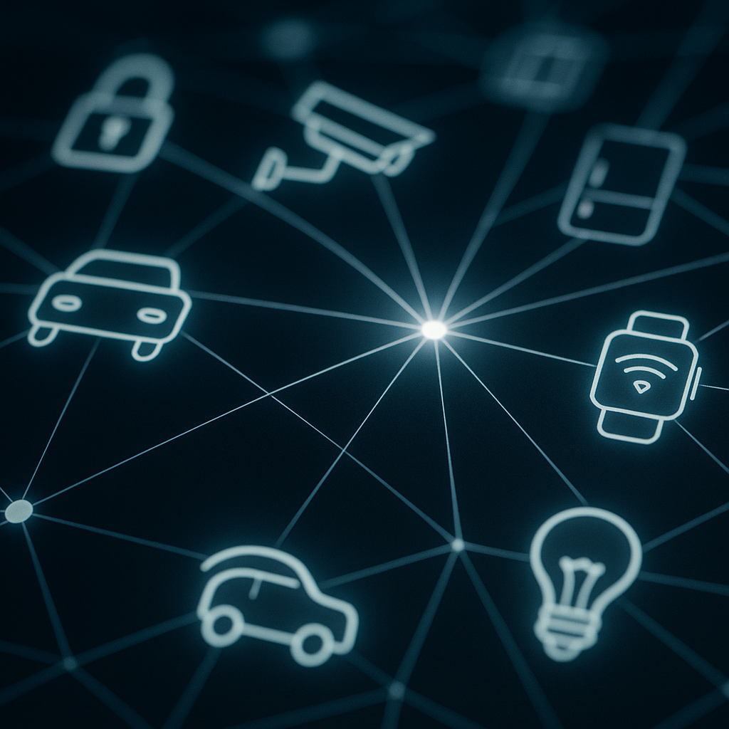 A conceptual representation of interconnected IoT devices, showing linked gadgets in a web-like structure