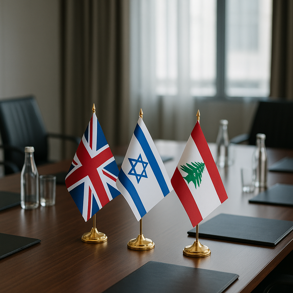 Diplomatic meeting room with flags of Britain, Israel, and Lebanon visible on a conference table
