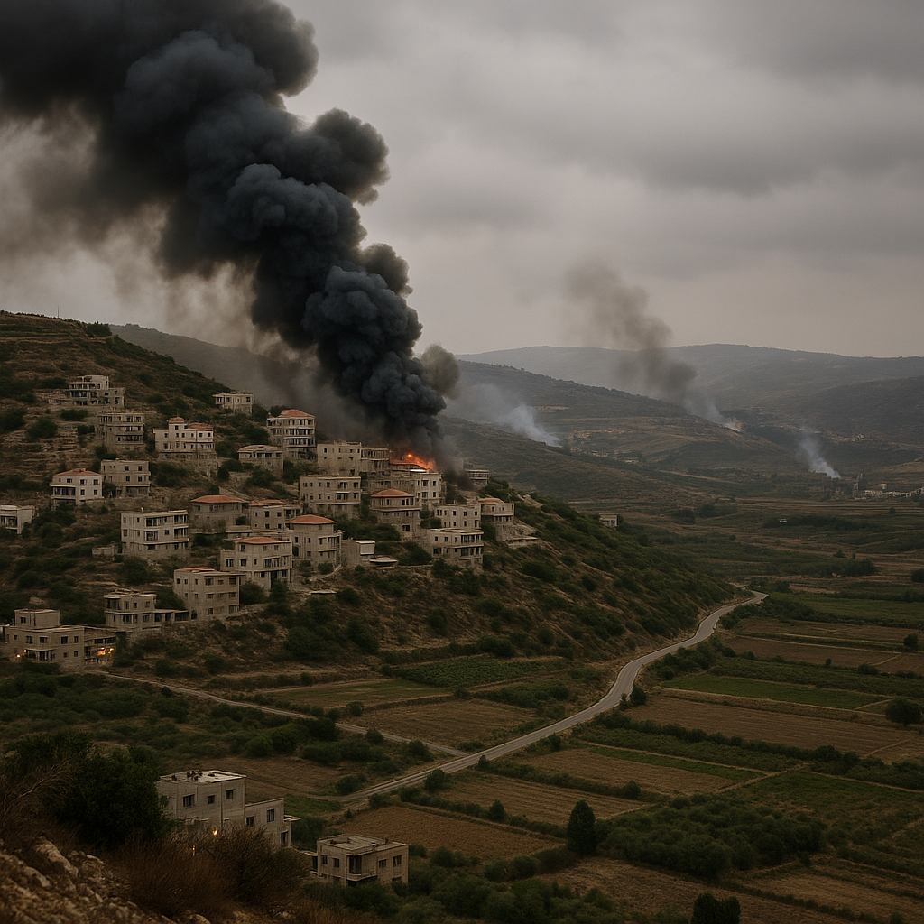 A border region with visible destruction, smoke rising from a hillside village