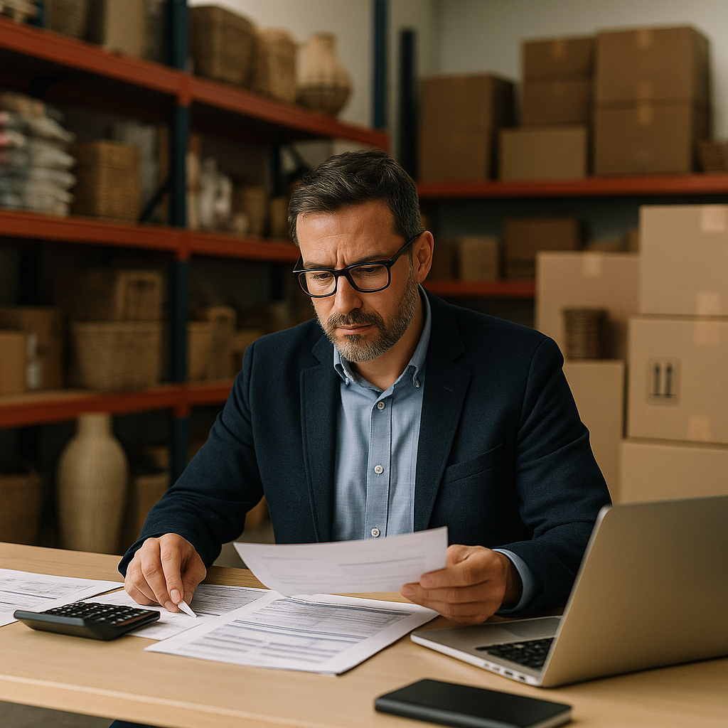 A business owner reviewing paperwork in an office with shelves of imported goods