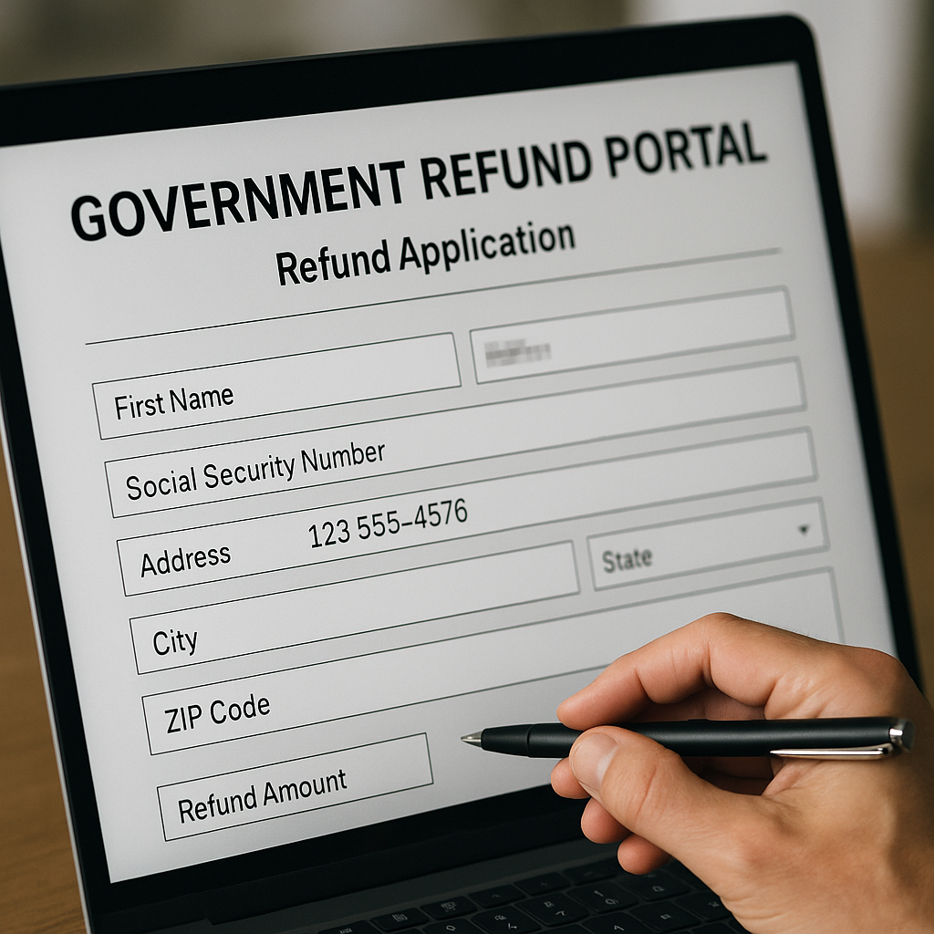 A screenshot or mockup of an online refund application form on a computer screen