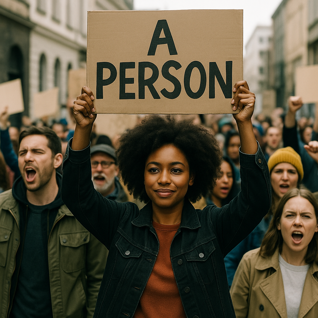 A demonstrator holding a 