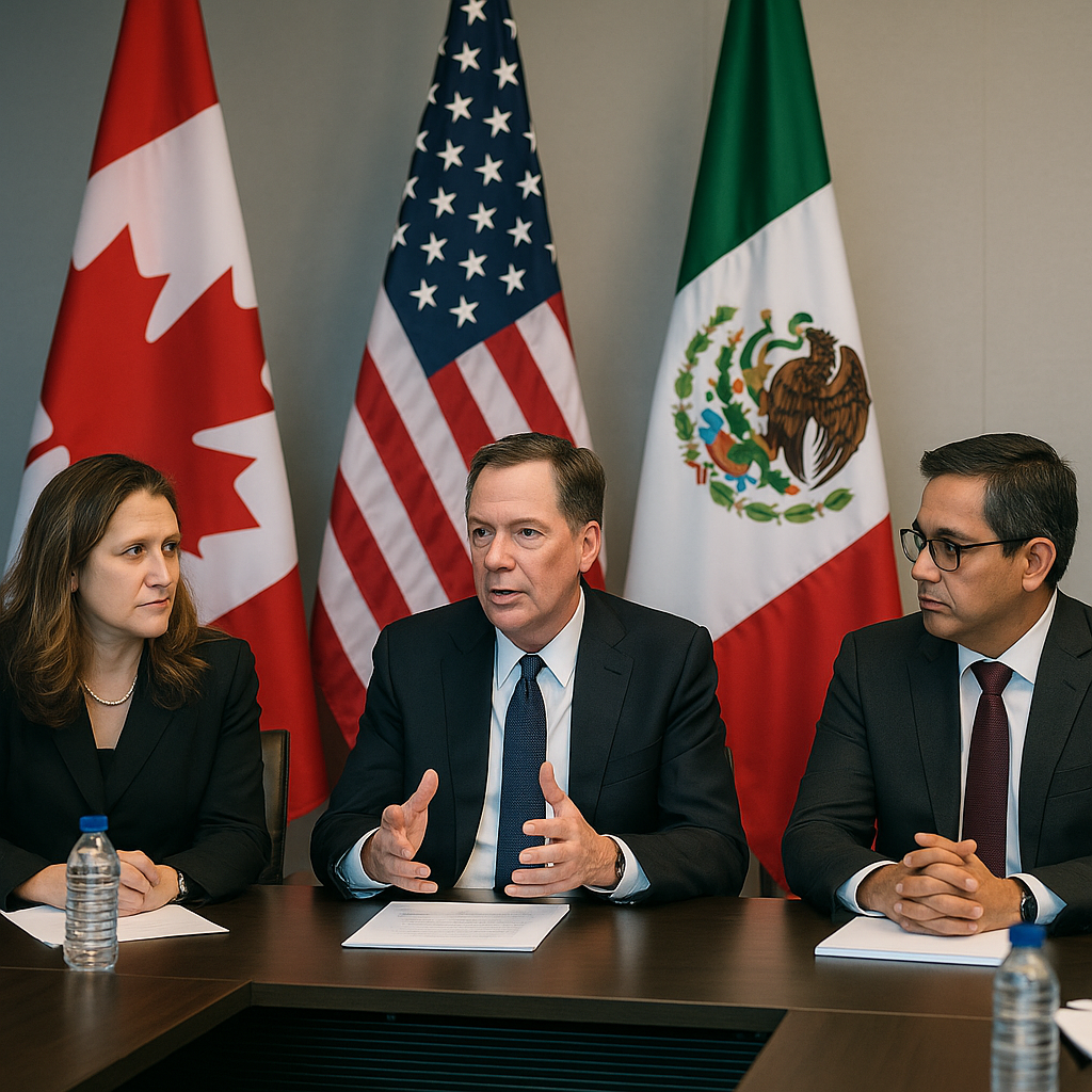 High-level trade negotiation meeting with representatives from Canada, U.S., and Mexico