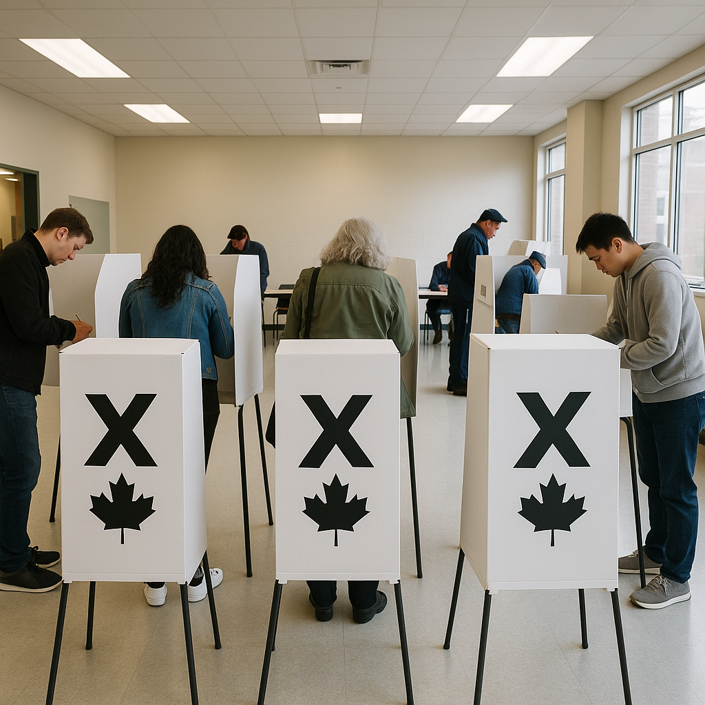 A Canadian polling station with voters casting ballots