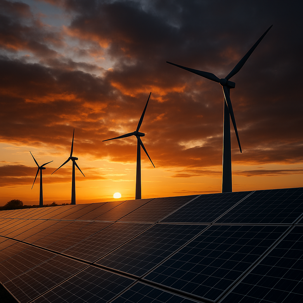 A symbolic image of solar panels and wind turbines under a sunset sky