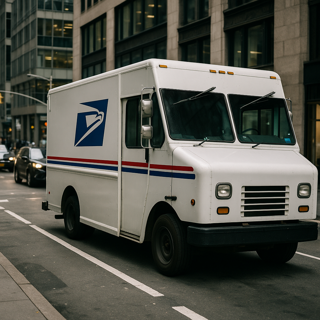 A USPS delivery truck parked in an urban street, showcasing its iconic logo