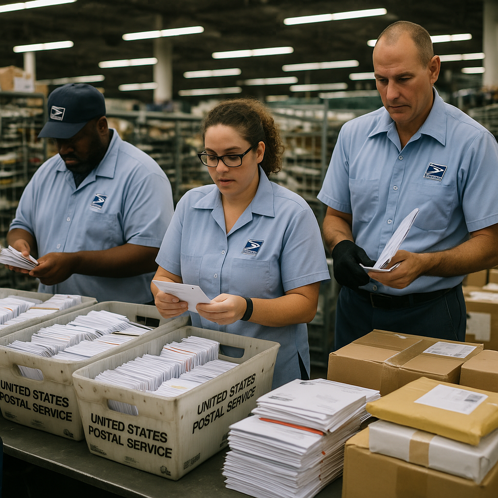 Group of USPS employees sorting pieces of mail at a distribution center