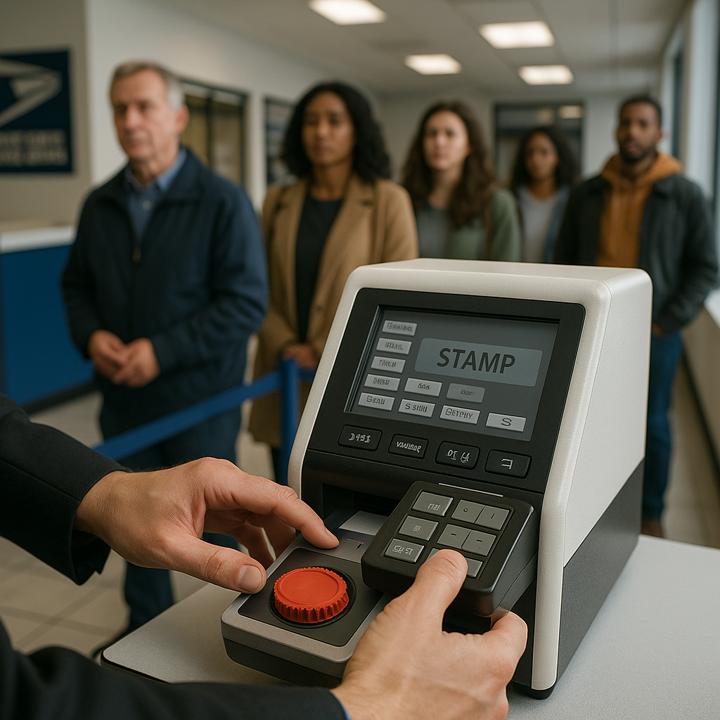 Close-up of hands using a digital stamp machine in a post office lobby
