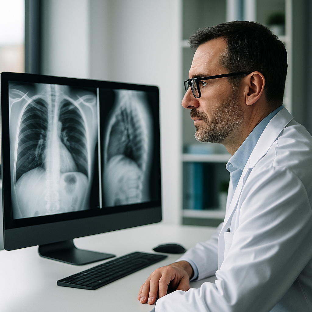 A radiologist reviewing medical scans at a workstation
