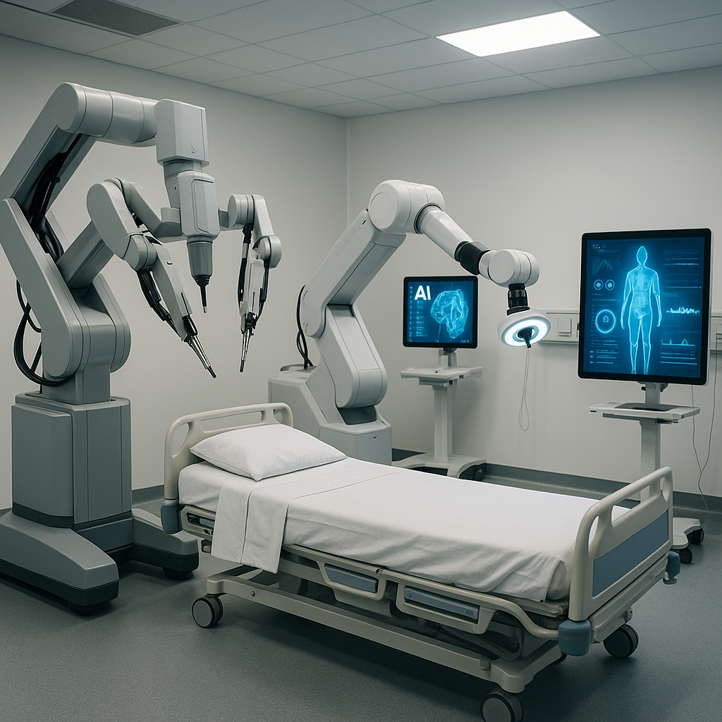 A modern hospital room with robotic-assisted devices