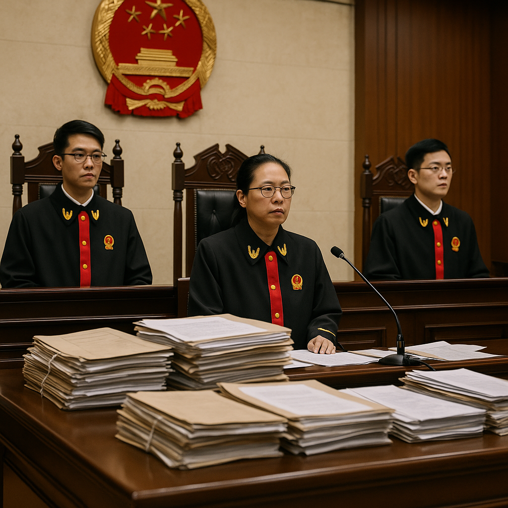 A Chinese courtroom atmosphere featuring judges and legal documents