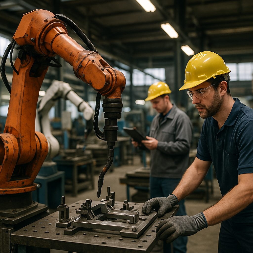 Workers in an industrial automation setting with robots alongside humans