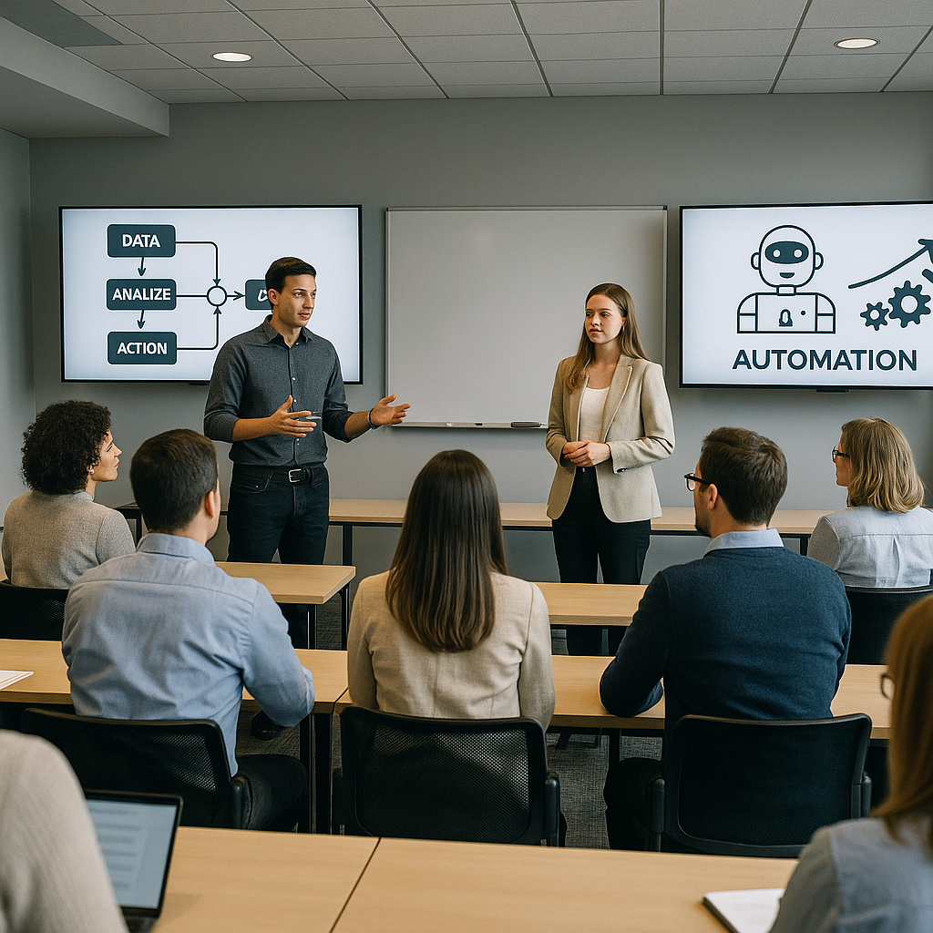 Employees attending a workshop on AI and automation technologies