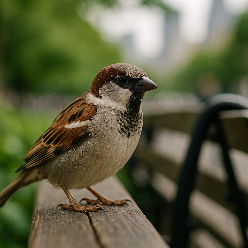 Close-up of a sparrow sitting on an urban park bench, cautiously eyeing approaching humans
