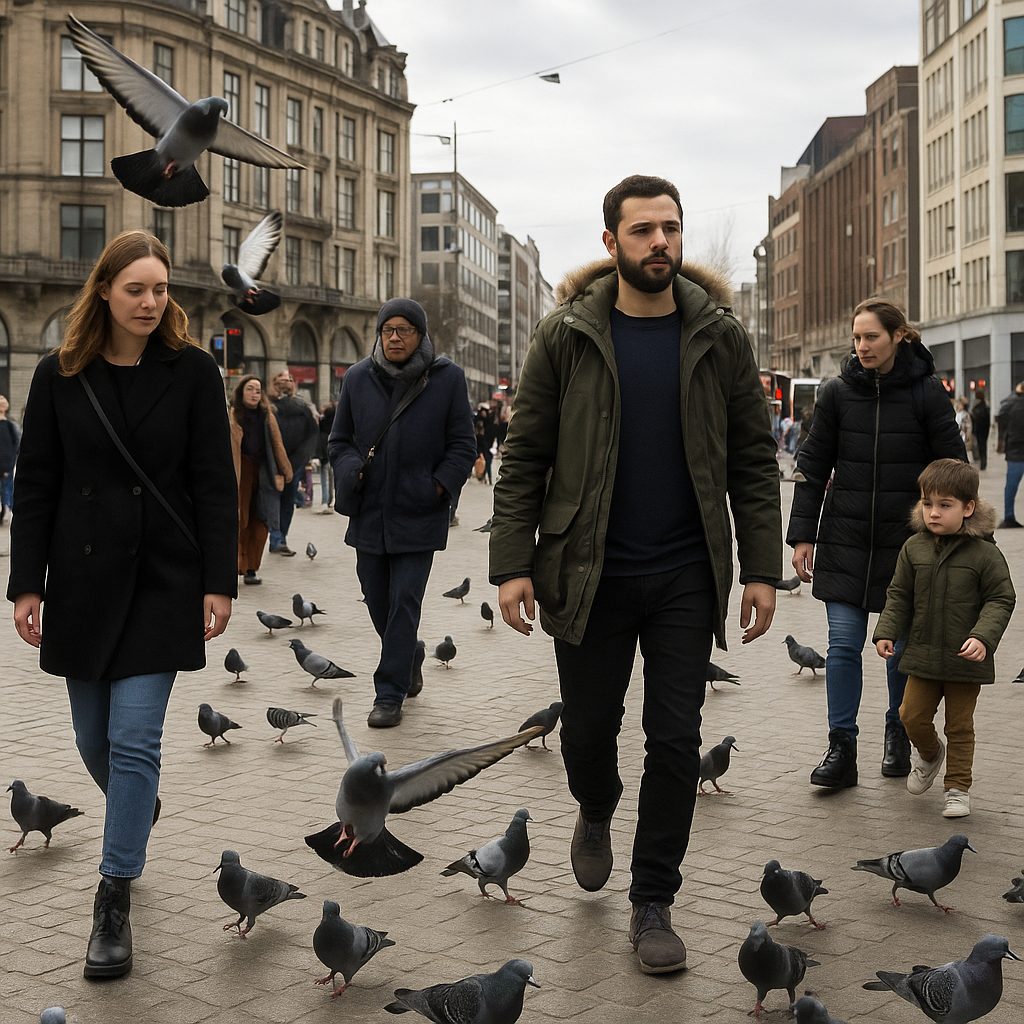 A bustling urban square with pedestrians and pigeons, illustrating human-bird coexistence in urban areas