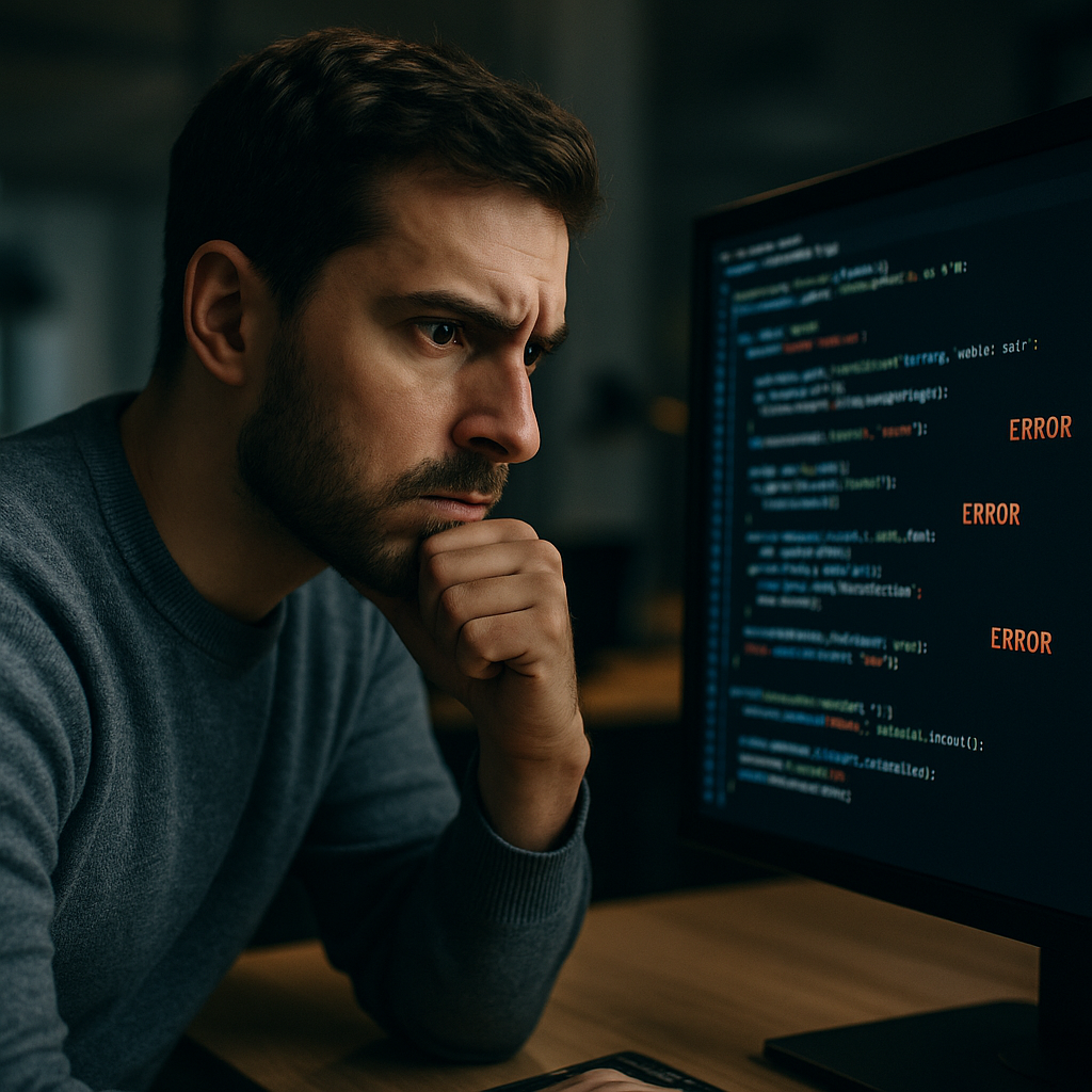 A software engineer looking at error messages on a monitor