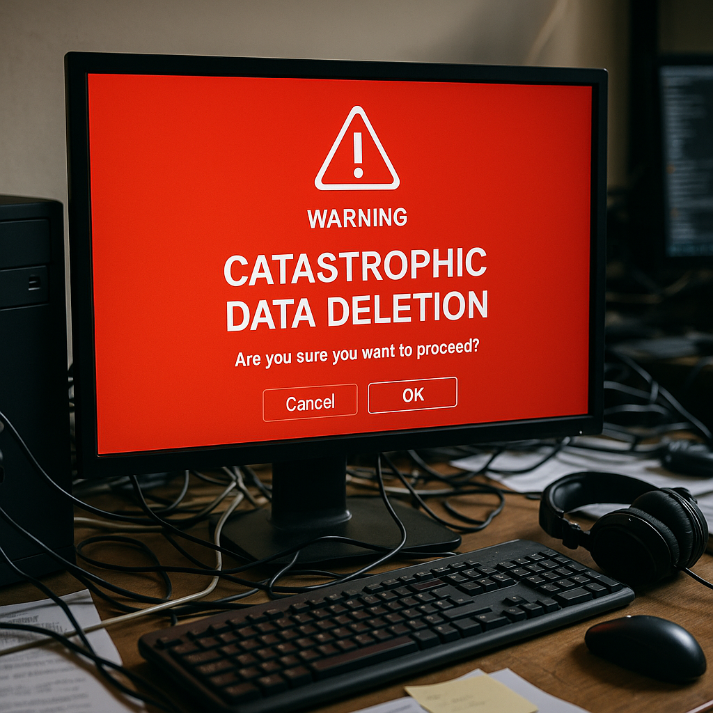 Computer screen with a warning dialog about data deletion