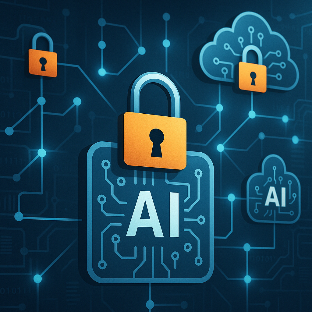 Conceptual illustration of AI governance, showing interconnected systems with security locks