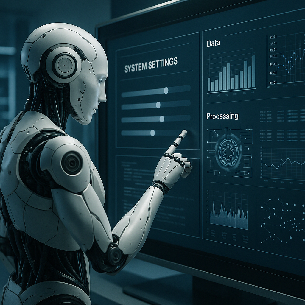 A symbolic representation of an AI robot interacting with a computer system