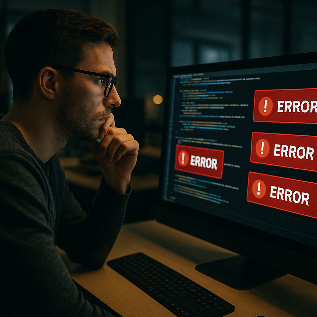 A developer examining red error codes on a monitor, symbolizing a critical error