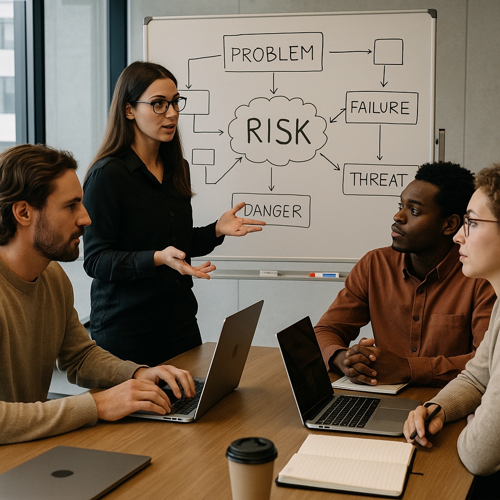 A conference room with a team of developers brainstorming risks and solutions, symbolizing collaboration and planning