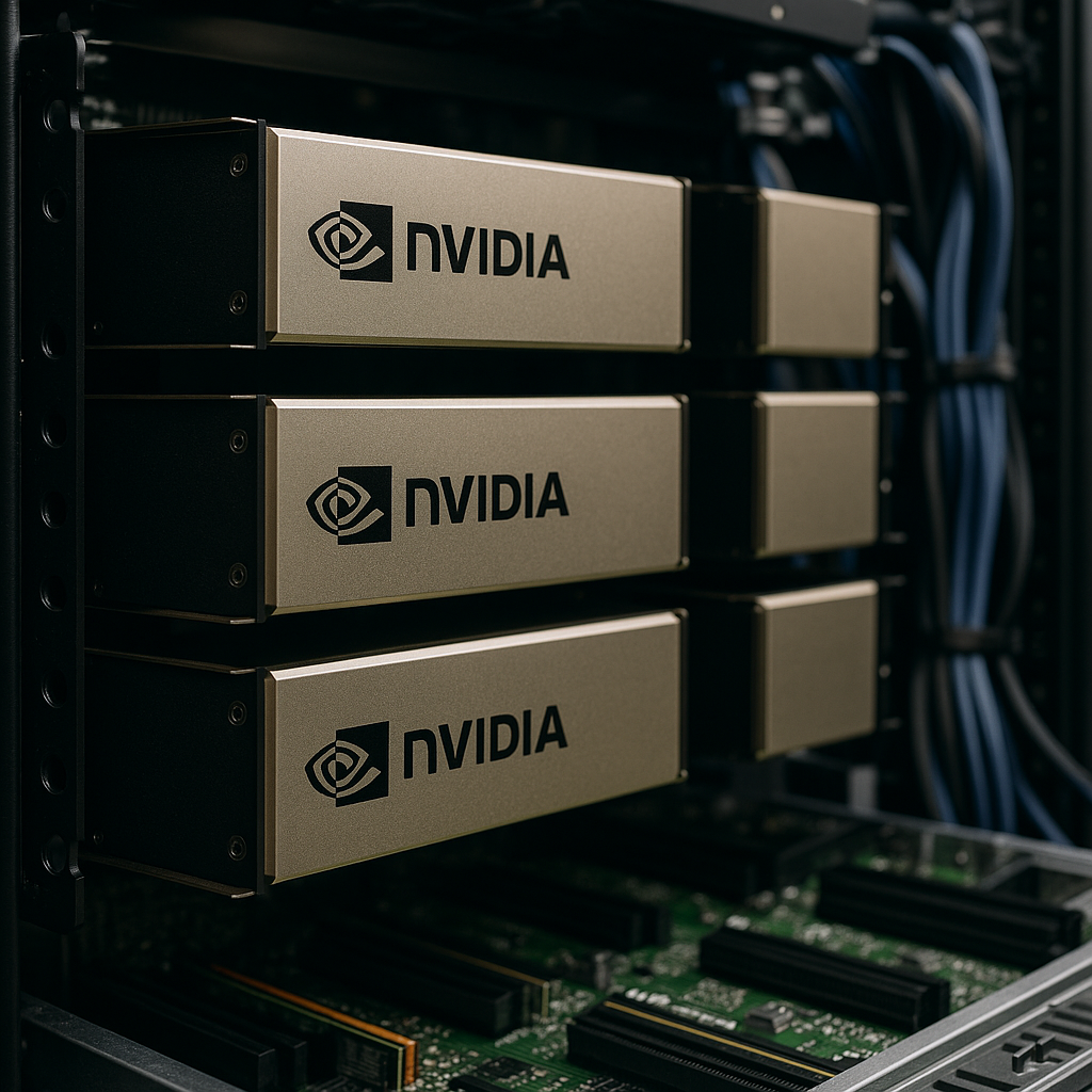 A close-up of Nvidia graphics cards installed in a server rack