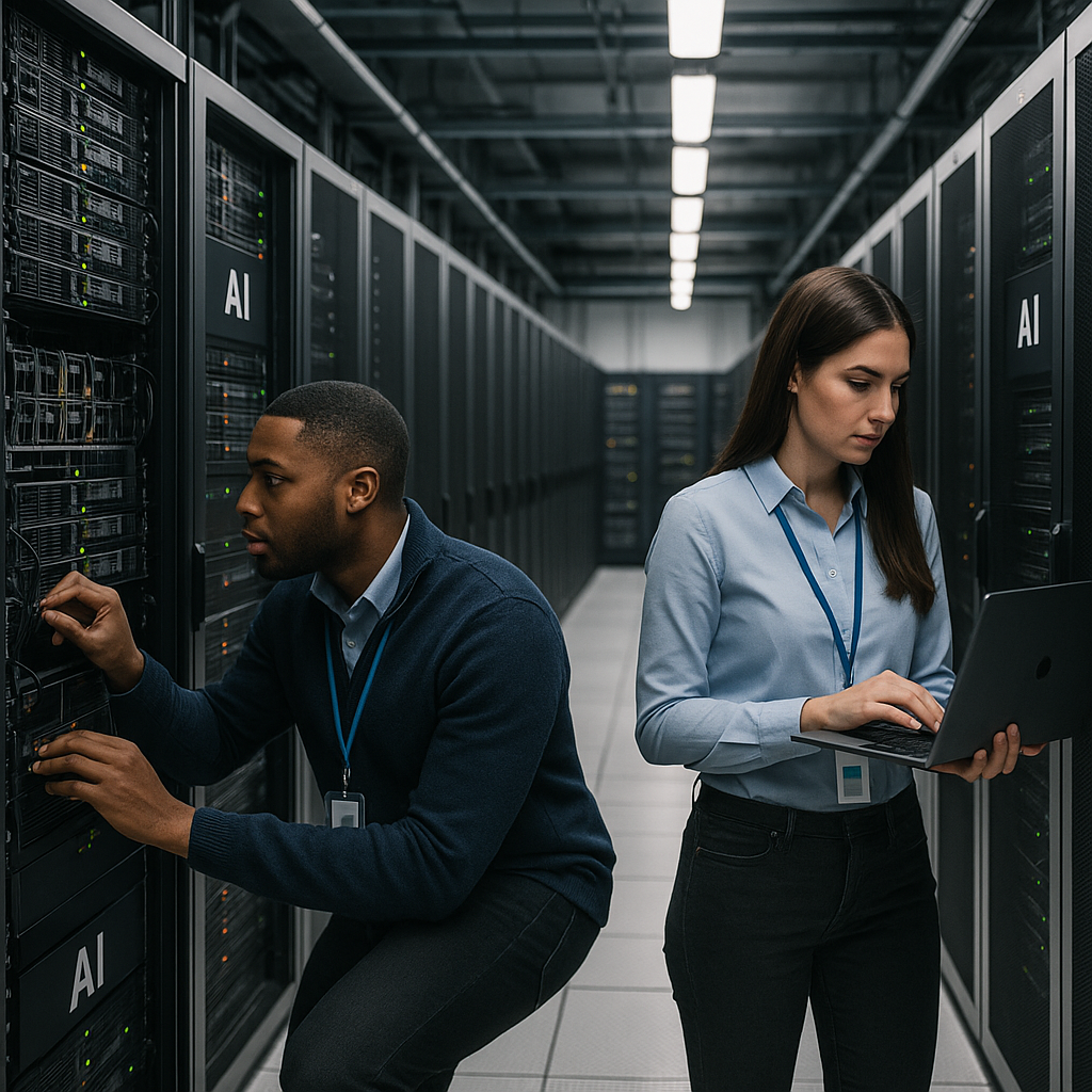 Technicians working on servers in a modern data center