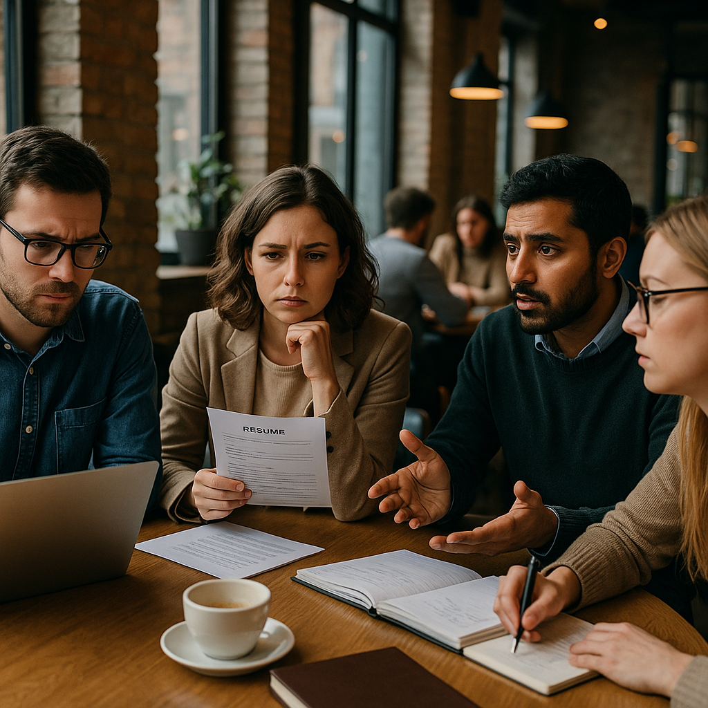 A group of recently unemployed tech workers meeting at a café to discuss job opportunities