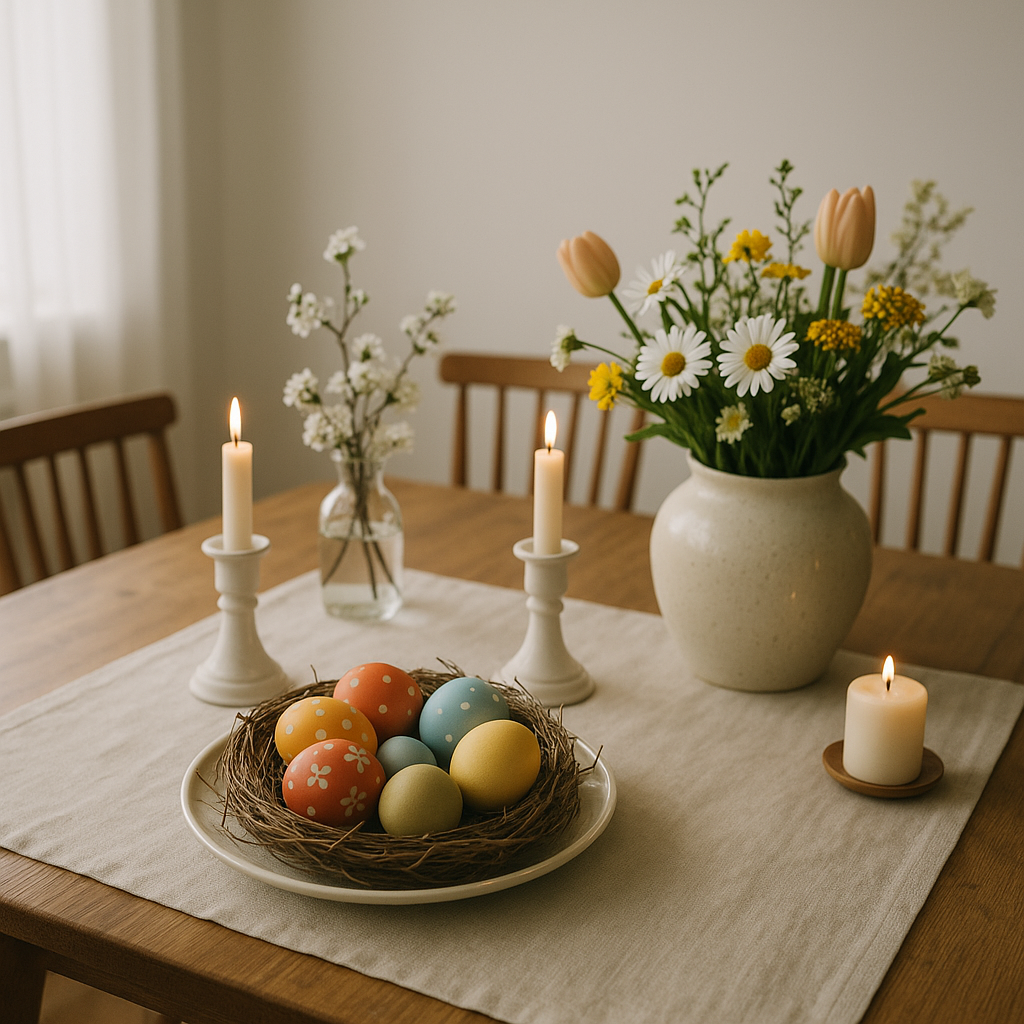 A table set with traditional Easter decorations surrounded by an empty dining room