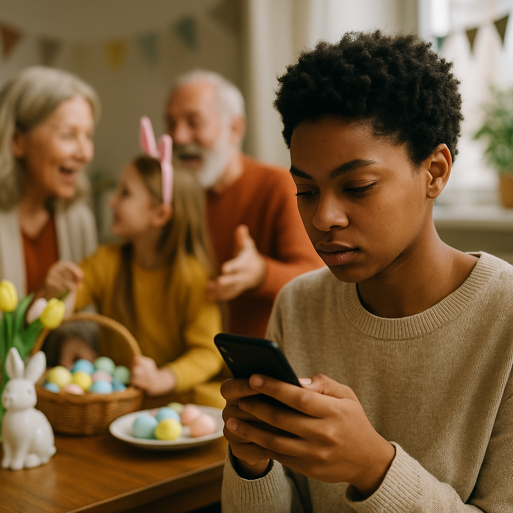 Teen scrolling through a smartphone while family members gather in the background for Easter celebrations