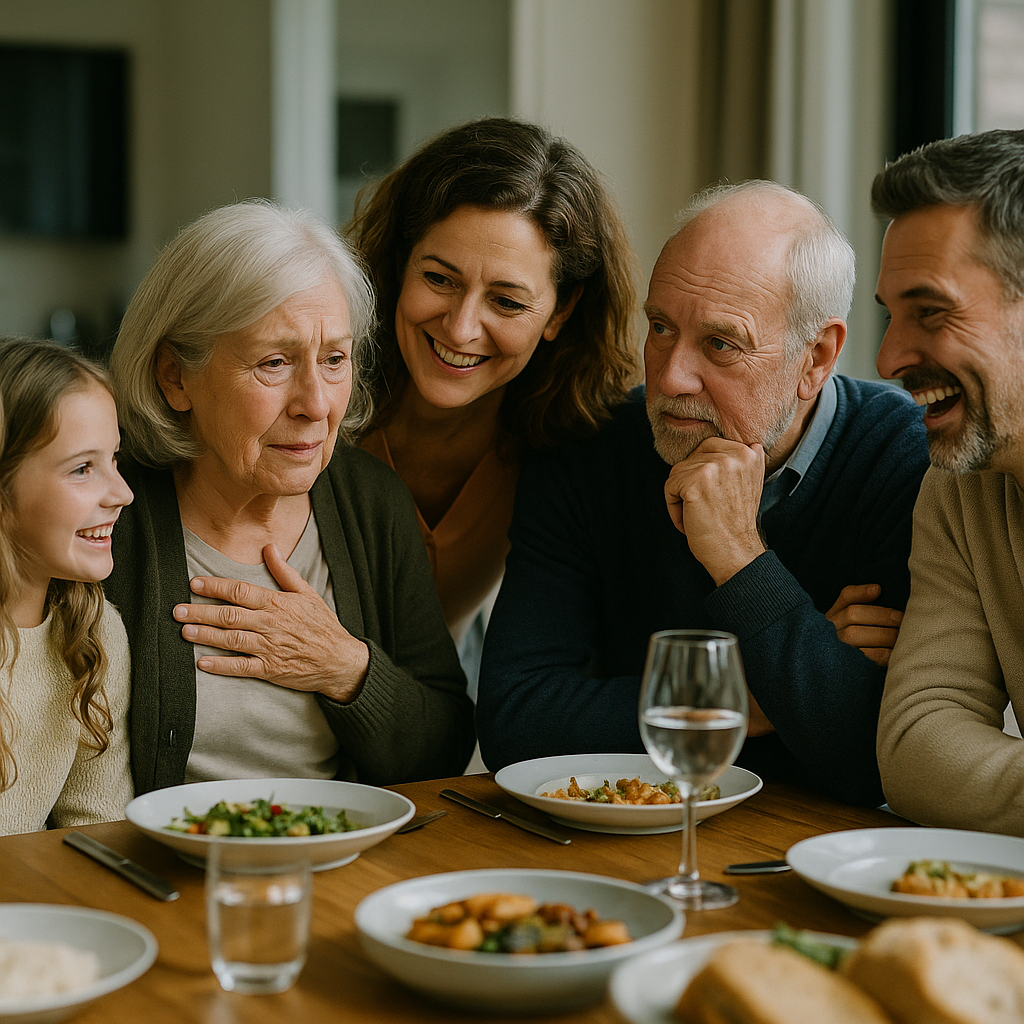 A family around the dining table engaging in a heartfelt conversation, with a mix of emotions visible