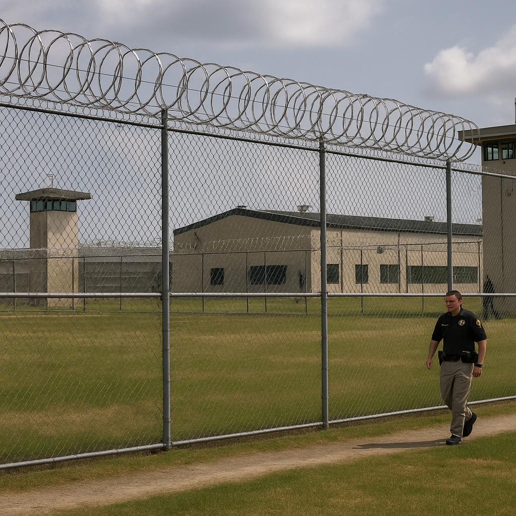 A facility with large fences and security personnel (symbolizing detention center)