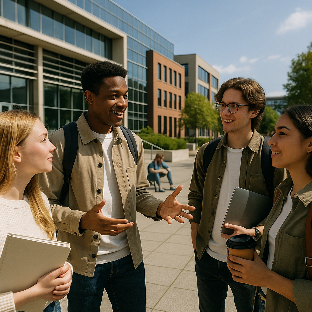 A wide shot of Stanford Graduate School of Business with students gathering around an outdoor discussion