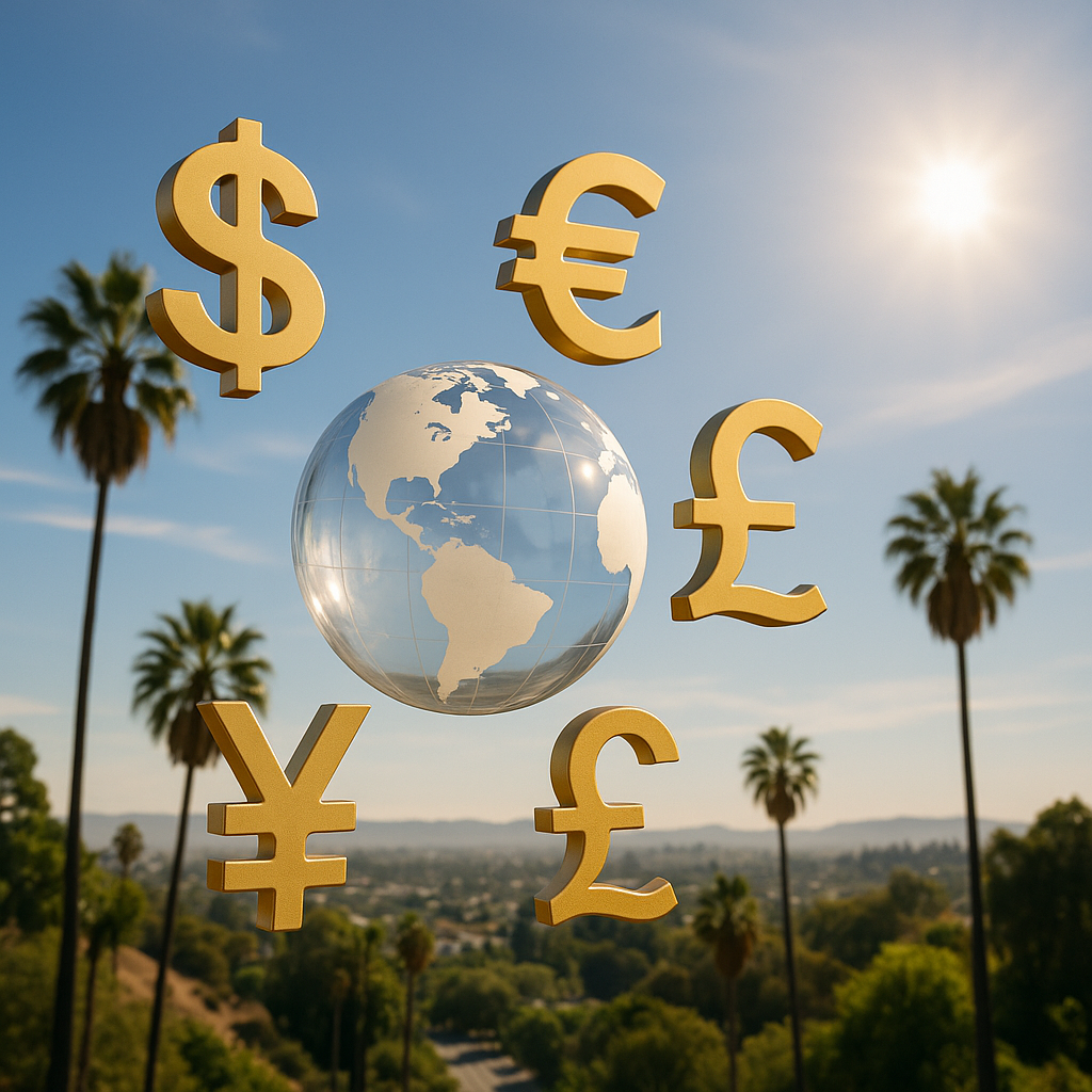 A conceptual depiction of wealth, with currency symbols and a globe positioned against a Californian backdrop