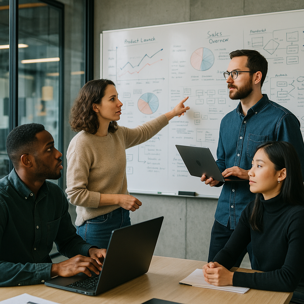 Professionals working in Silicon Valley offices, with whiteboards showing brainstorming sessions
