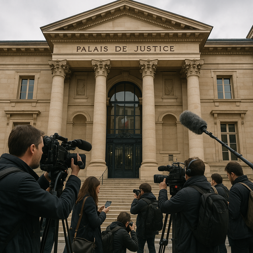 Courthouse in France with reporters gathered outside