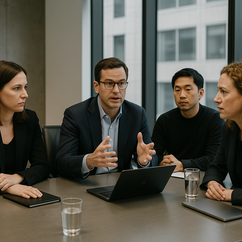 Tech executives at a conference table in a high-rise office