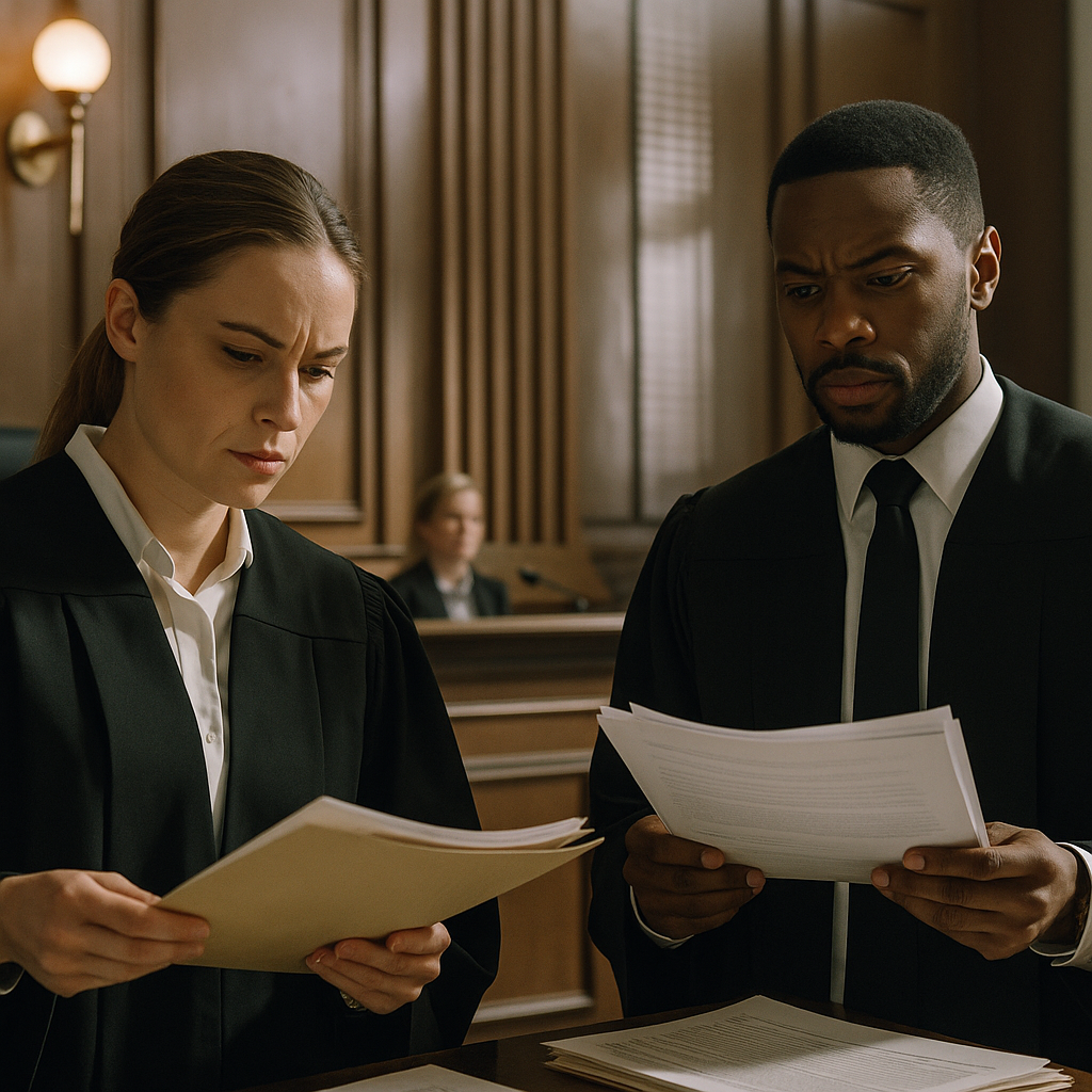 A courtroom interior showing lawyers prepping for a case