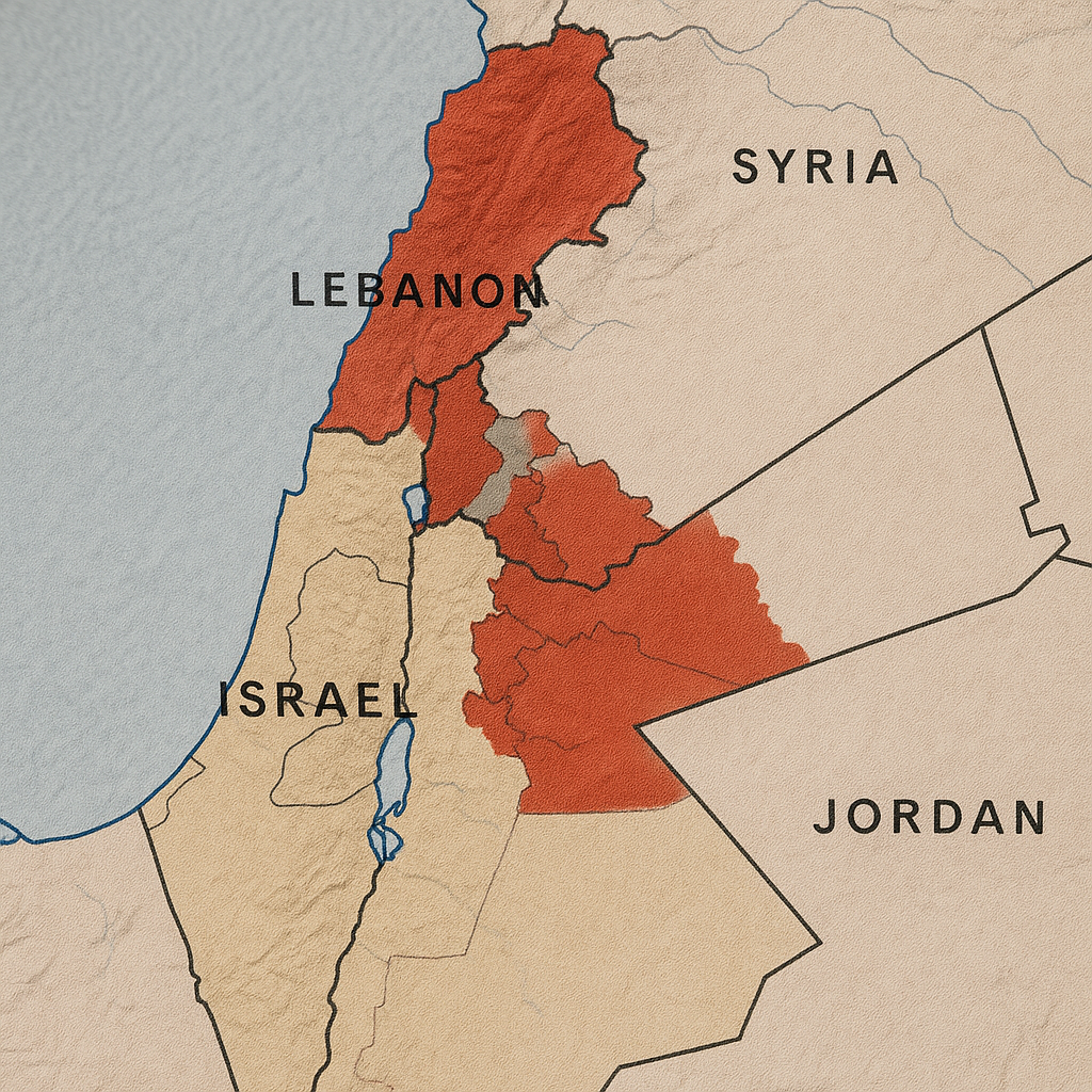 A map showcasing regional conflict zones with Lebanon, Israel, Iran, and neighboring territories highlighted