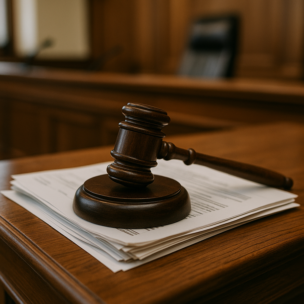 A gavel and legal documents in a courtroom setting