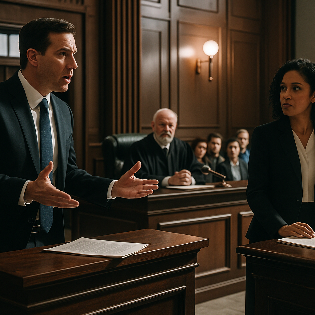 Lawyers arguing in a courtroom with spectators present