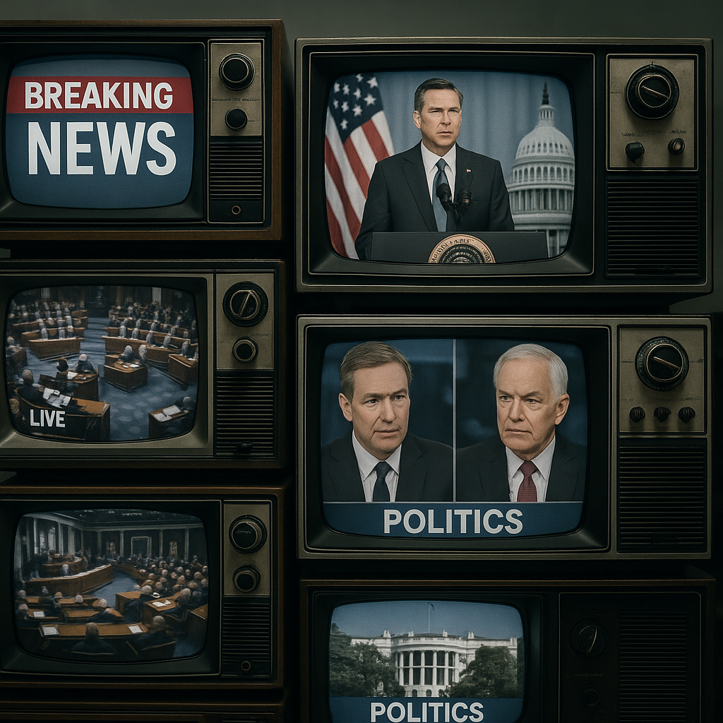 A historical montage of television screens displaying political segments and headlines from different decades