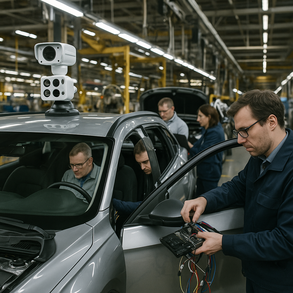 A car factory assembly line with engineers working on electronic components