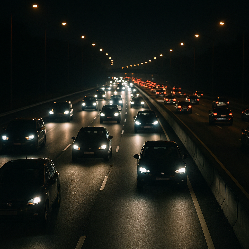 A nighttime highway with heavy traffic, symbolizing road safety challenges