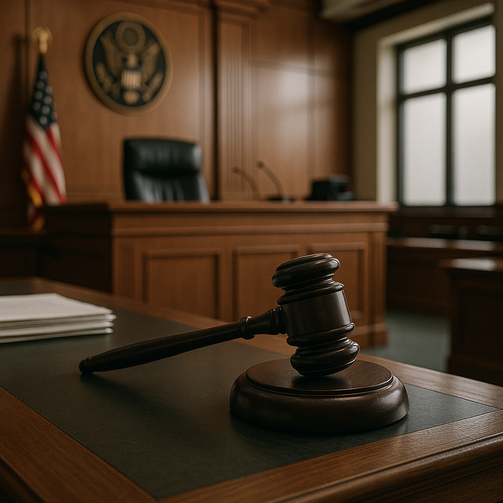 A courtroom with judge's gavel in focus