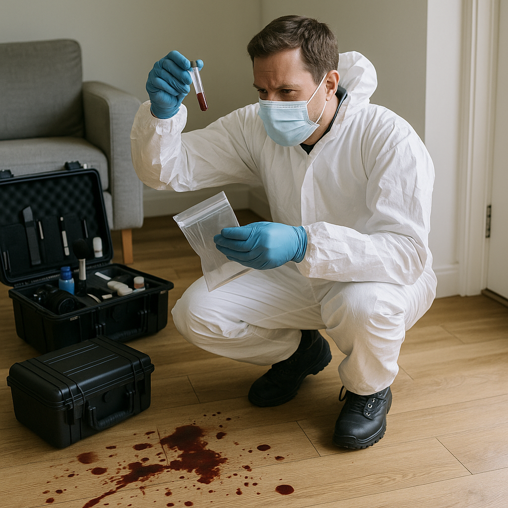 A forensic investigator examining a blood-stained floor