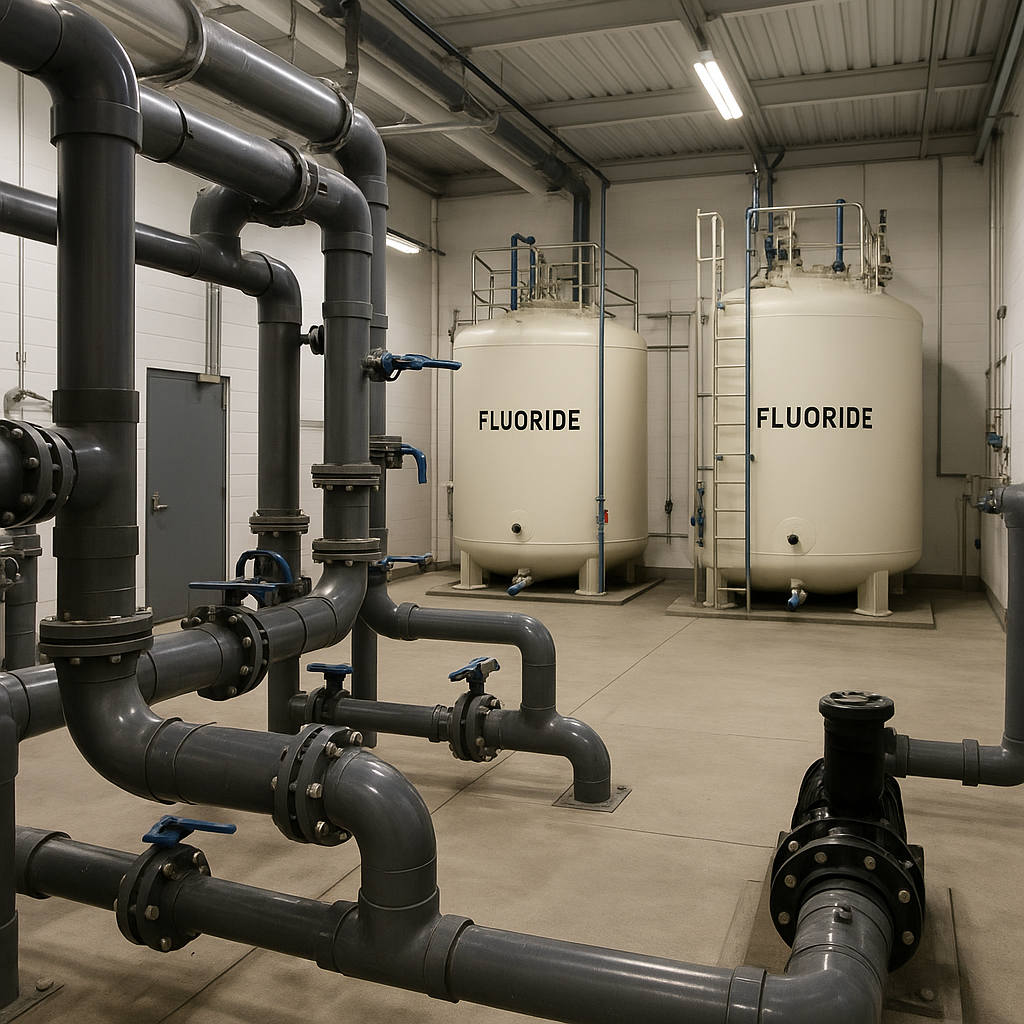 A modern water treatment facility with pipes and fluoride storage tanks