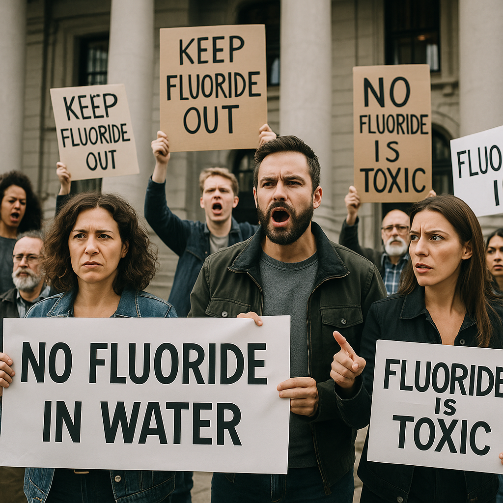 Protesters holding anti-fluoride signs outside a government building