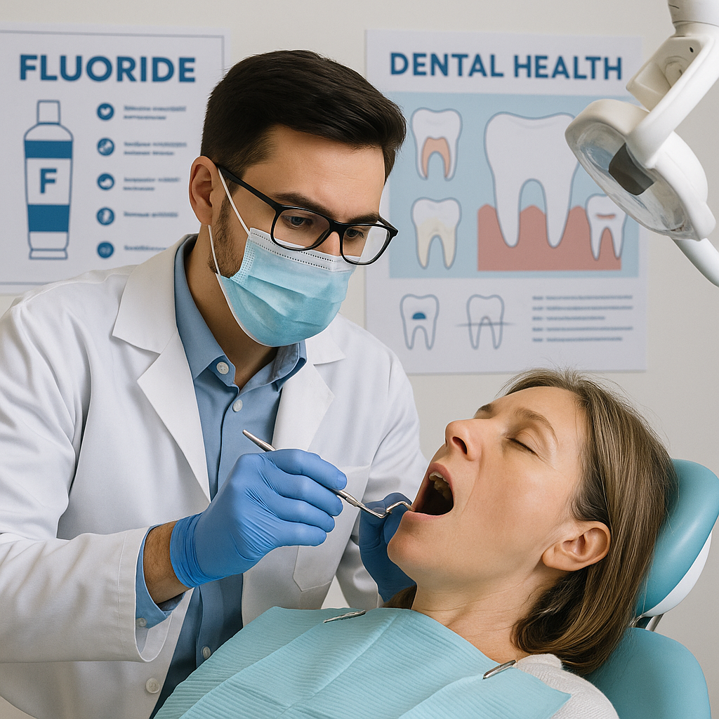 A dentist treating a child with educational posters about fluoride in the background